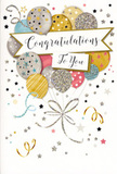 The image presents a tall congratulations card that feels like a pocket-sized celebration, something you might find propped beside a vase of fresh flowers in a Harrow Weald kitchen. Dominating the design is a joyful bouquet of balloons, each round form layered gracefully over the next, floating upward in soft metallic hues of gold, silver, champagne, sky blue, pale pink and gentle grey. Every balloon has its own character: some wear fine glittering stripes, others are dotted with tiny stars, and a few are lightly speckled, as though brushed with stardust. Slender gold and silver ribbons trail from the base of the cluster, curling together in a graceful knot that visually grounds the floating shapes. Across the centre, a pale, gently curved banner stretches from side to side, carrying the message "Congratulations To You" in elegant, looping calligraphy that conveys both warmth and sincerity. Surrounding the balloons, scattered stars, spiralling streamers and soft flecks of confetti drift over a light, neutral background, creating the impression of confetti swirling in the air at a family celebration near Harrow Weald Common. The printing hints at subtle texture and sparkle, suggesting that the glitter details would catch the light and feel slightly raised beneath your fingertips. The atmosphere is light, airy and full of quiet pride, perfectly suited for marking exam success, a new job, or any moment of achievement. As a local florist who often tucks cards like this alongside hand-tied bouquets for delivery across Harrow Weald, I recognise this design as one that captures heartfelt joy in a gentle, timeless way.