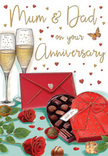 Warm and romantic anniversary card illustration that captures the feeling of a cosy celebration at home in Harrow Weald. The design centres on a small, intimate tabletop arrangement, where two tall champagne flutes stand closely together, each one filled with light golden champagne fizzing with countless tiny bubbles that seem to dance upward. Just in front of them, a classic heart-shaped box of chocolates sits open, its deep red exterior smooth and inviting, crowned by a generous, carefully tied scarlet bow. Inside, rows of assorted chocolates are neatly lined up, their glossy surfaces catching the light as if dusted with a soft sheen. To one side, two rich red roses rest gently on a bed of foliage, their petals full and velvety like the best florist-grade blooms, freshly chosen for a special anniversary delivery. Scattered around them are a few loose chocolates, adding a relaxed, lived-in charm to the scene. Across the creamy background drift tiny hearts in gold and crimson, creating a playful pattern that subtly frames the heartfelt message addressed to "Mum & Dad," celebrating their years of shared love and commitment. A bold, scarlet envelope lies nearby, firmly sealed, its pointed flap suggesting a handwritten note filled with memories, gratitude, and affectionate words. Highlights sparkle softly on the glass, chocolates, and ribbon, as though lit by warm evening light in a family dining room near Harrow Weald Common. The overall mood is indulgent yet tender, blending the luxurious appeal of roses, chocolate, and champagne with the deep emotional comfort of a long-lasting partnership and the simple joy of marking another year together.